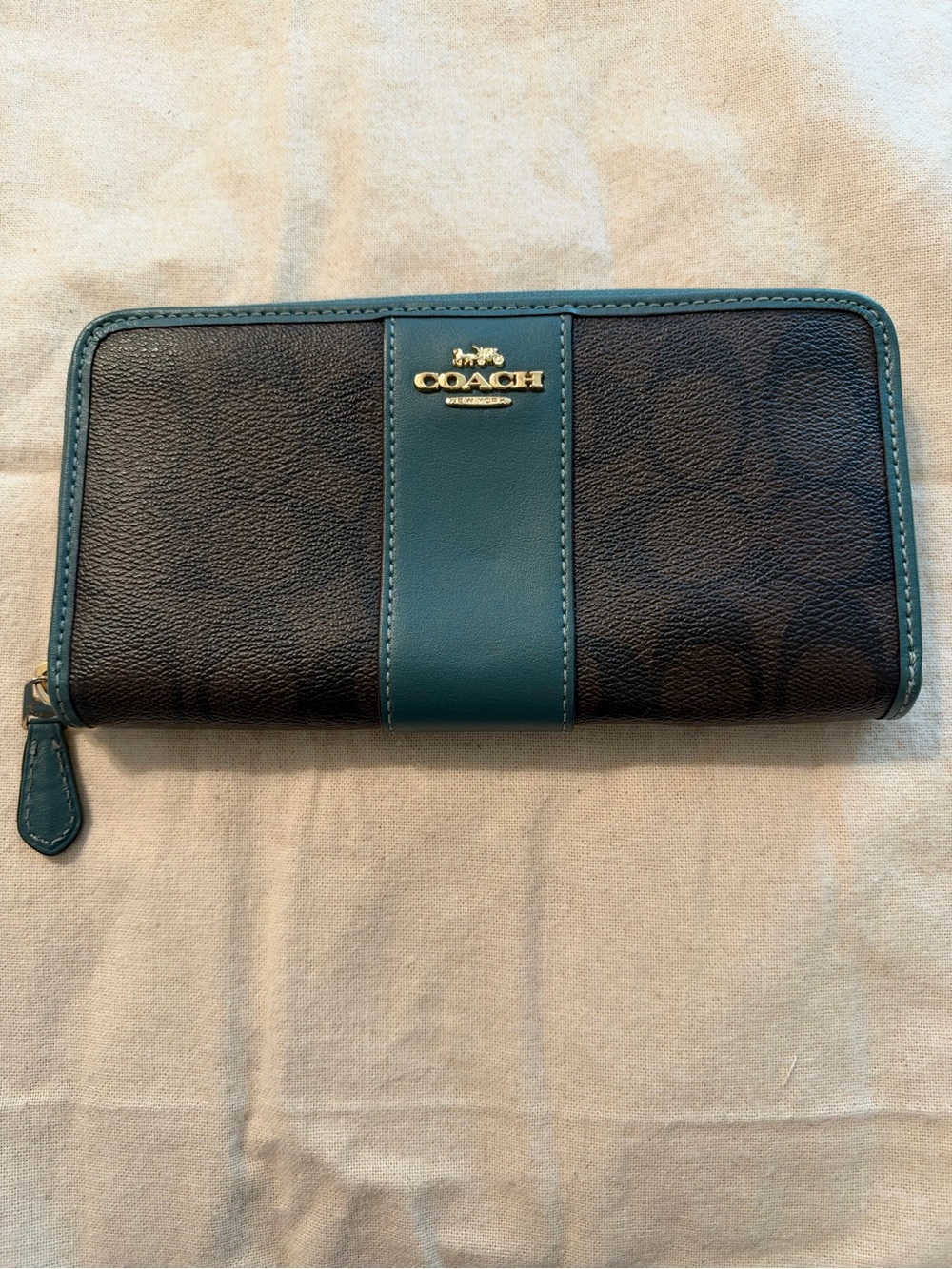 Coach Brown/Black Signature Zip Wallet with Teal Trim